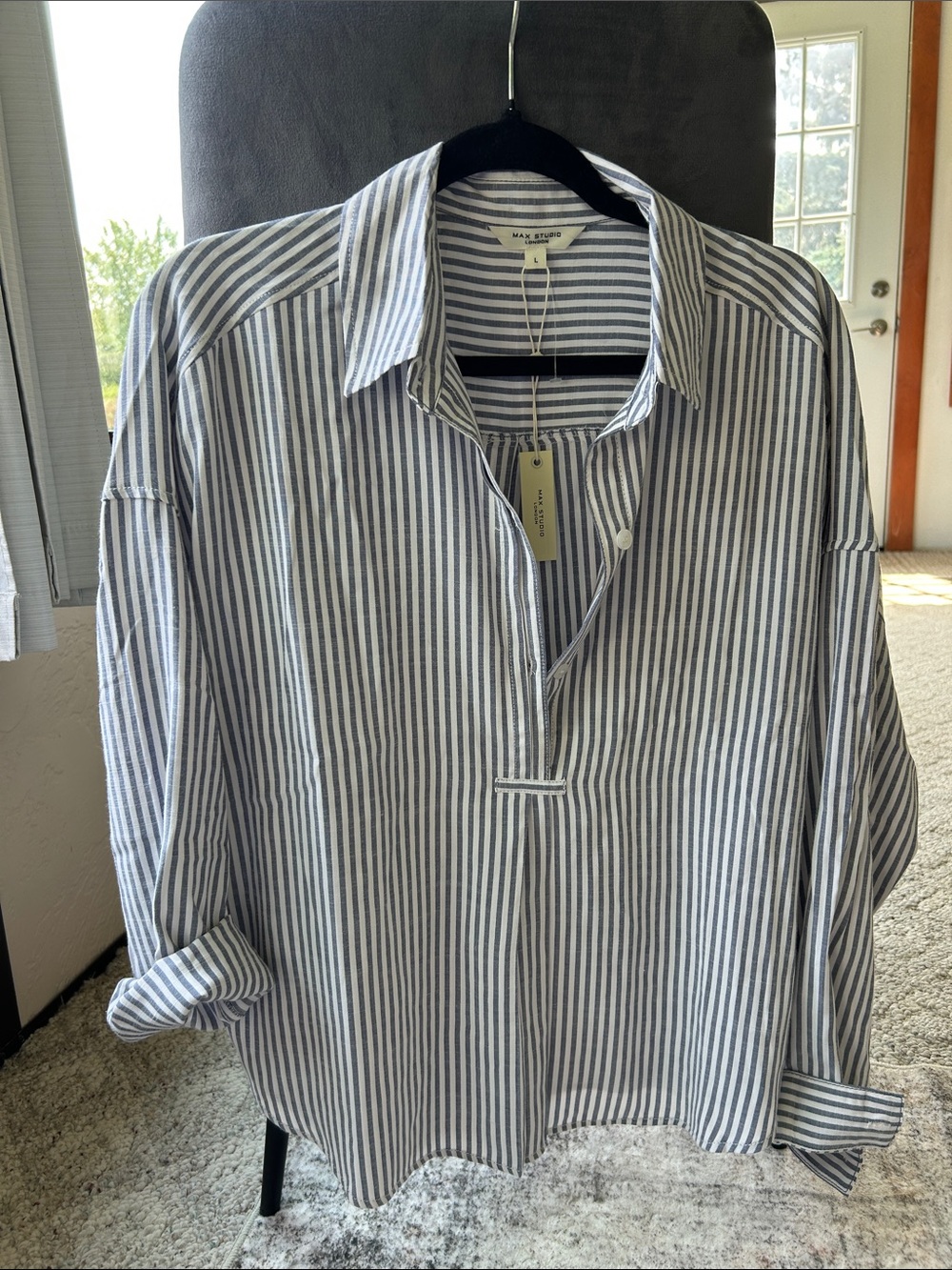 Max Studio Striped Blue Gray and White Button-Down Shirt NWT